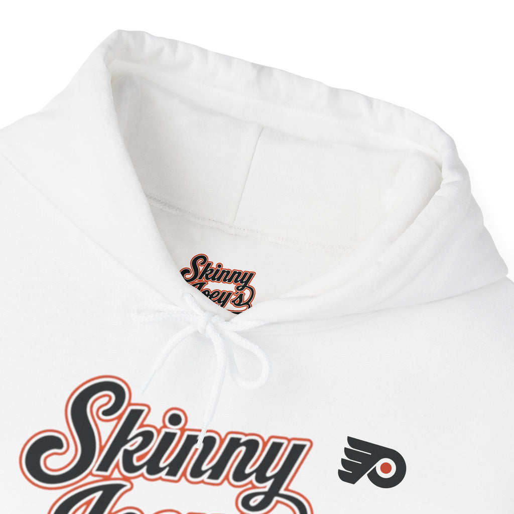 White hoodie with 'Skinny' logo and text on a white background