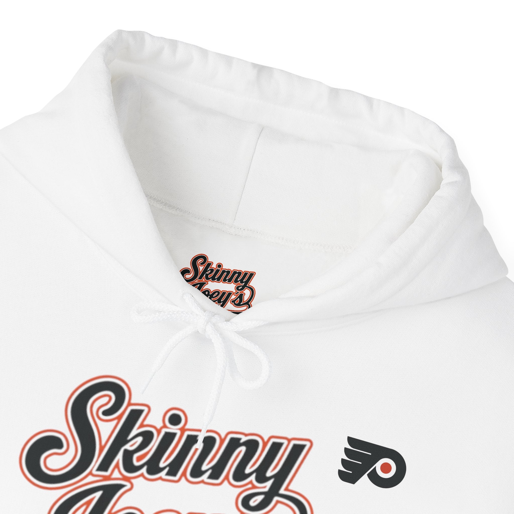 White hoodie with 'Skinny' logo and text on a white background