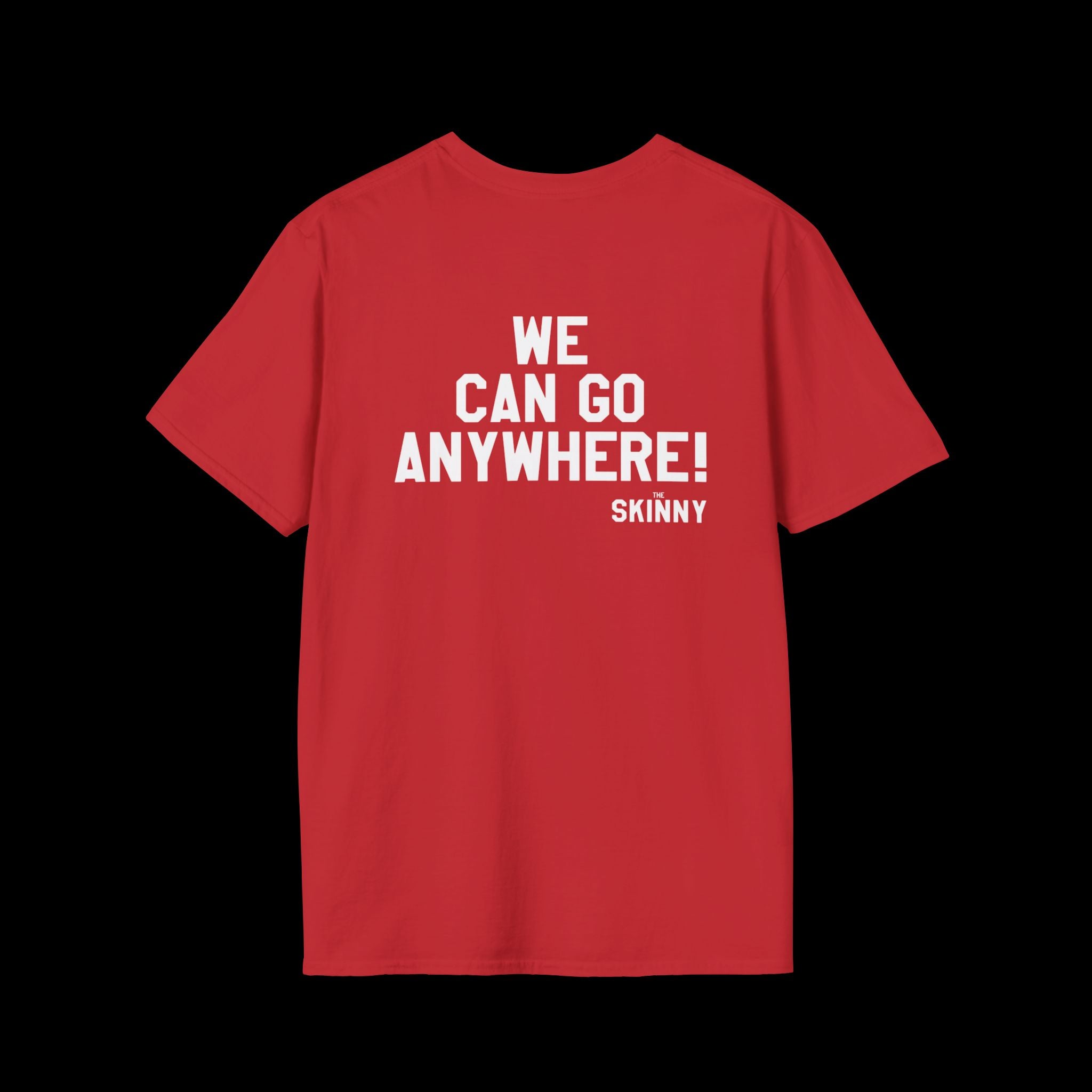 Red t-shirt with white text on a black background
