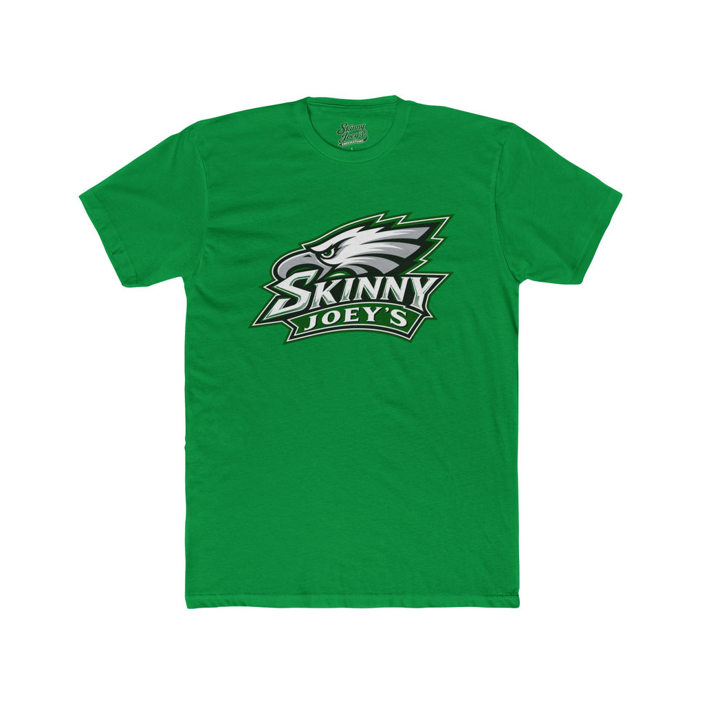 A green short-sleeve crewneck t-shirt featuring a large 'Skinny Joey's' eagle logo printed on the chest, displayed against a solid white background.
