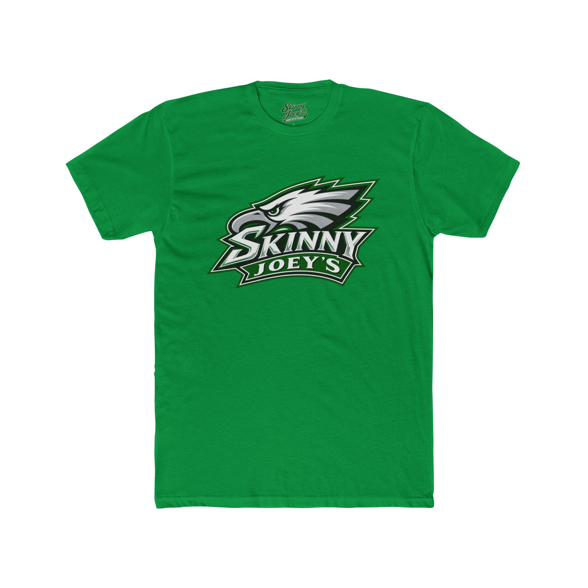 A green short-sleeve crewneck t-shirt featuring a large 'Skinny Joey's' eagle logo printed on the chest, displayed against a solid white background.