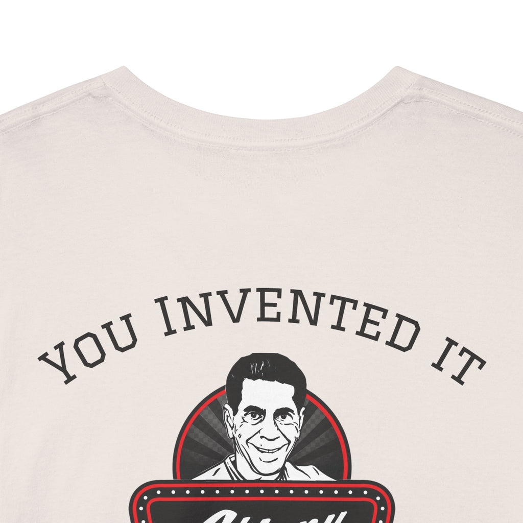 Beige sweatshirt with 'YOU INVENTED IT' text and a graphic of a person's face on a white background