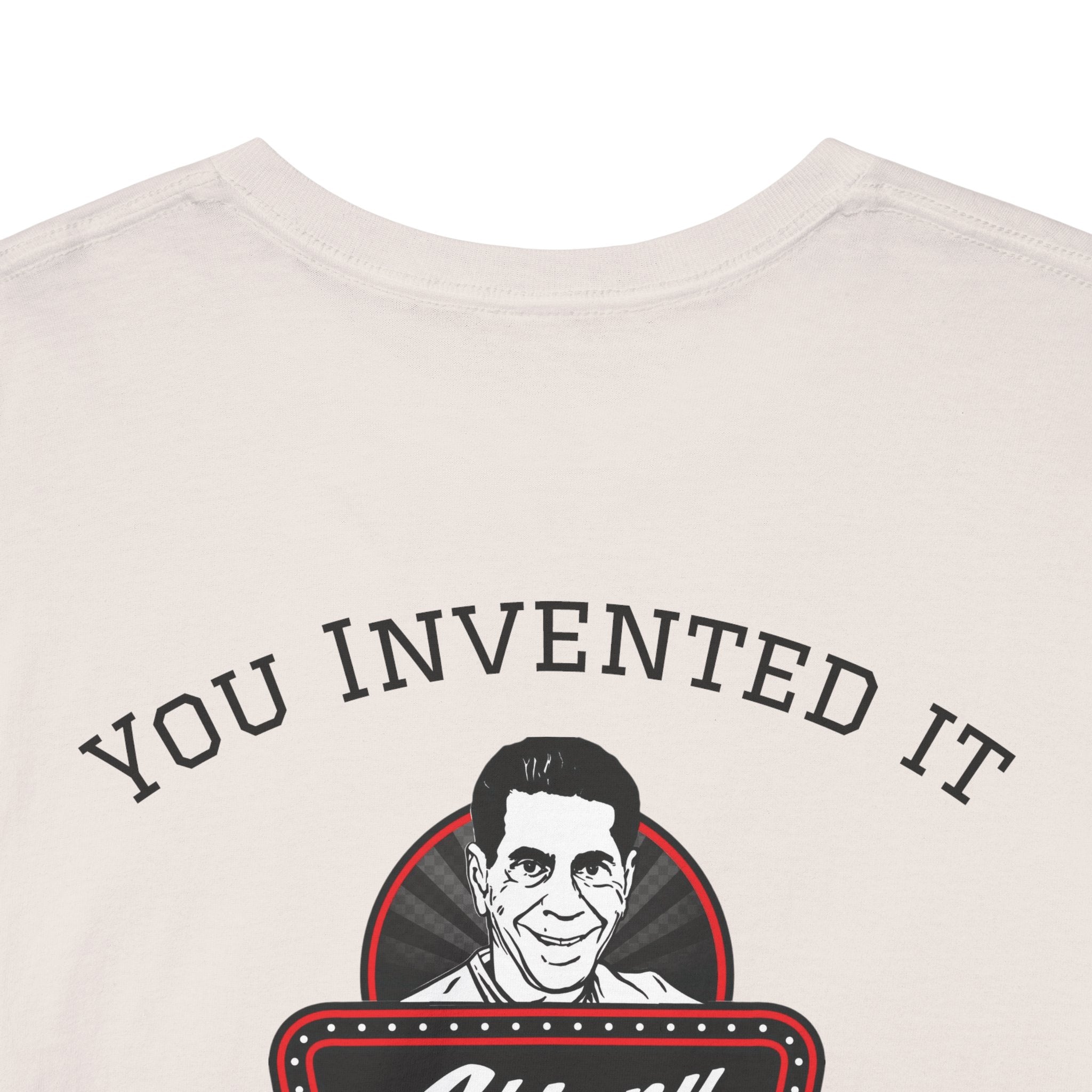 Beige sweatshirt with 'YOU INVENTED IT' text and a graphic of a person's face on a white background