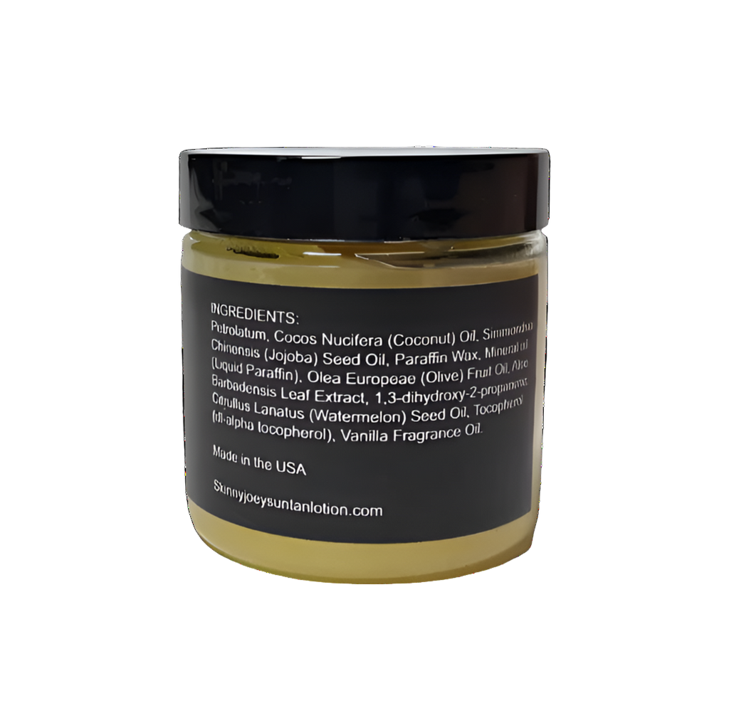 Jar of lotion with black label on a white background