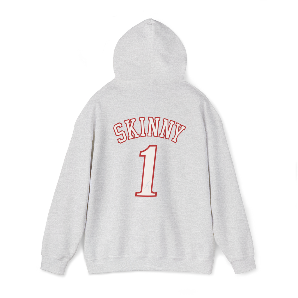 Gray hoodie with 'SKINNY 1' text on the back against a white background