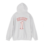 Gray hoodie with 'SKINNY 1' text on the back against a white background