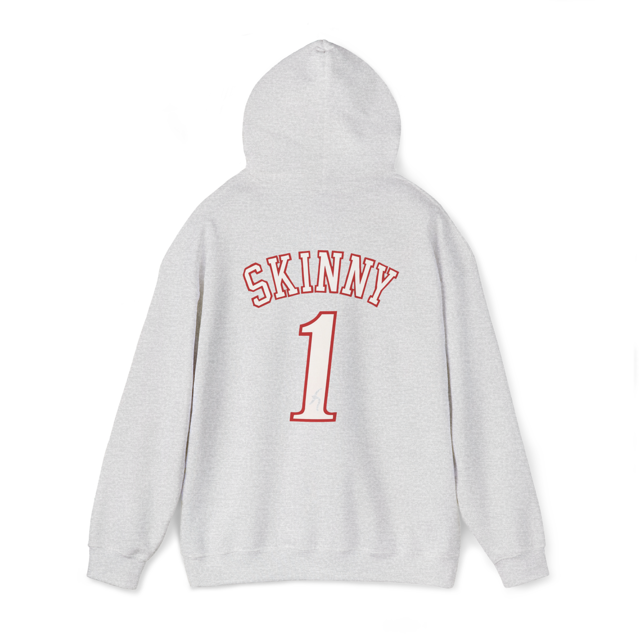 Gray hoodie with 'SKINNY 1' text on the back against a white background