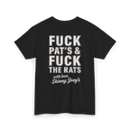 Black t-shirt with white text on a white background