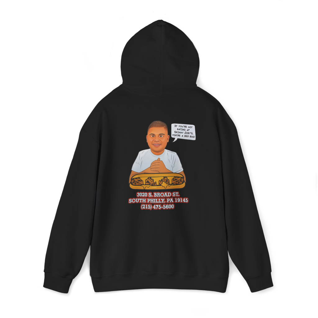 Black hoodie with a graphic design on the back featuring a person and text, on a white background.