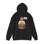 Black hoodie with a graphic design on the back featuring a person and text, on a white background.