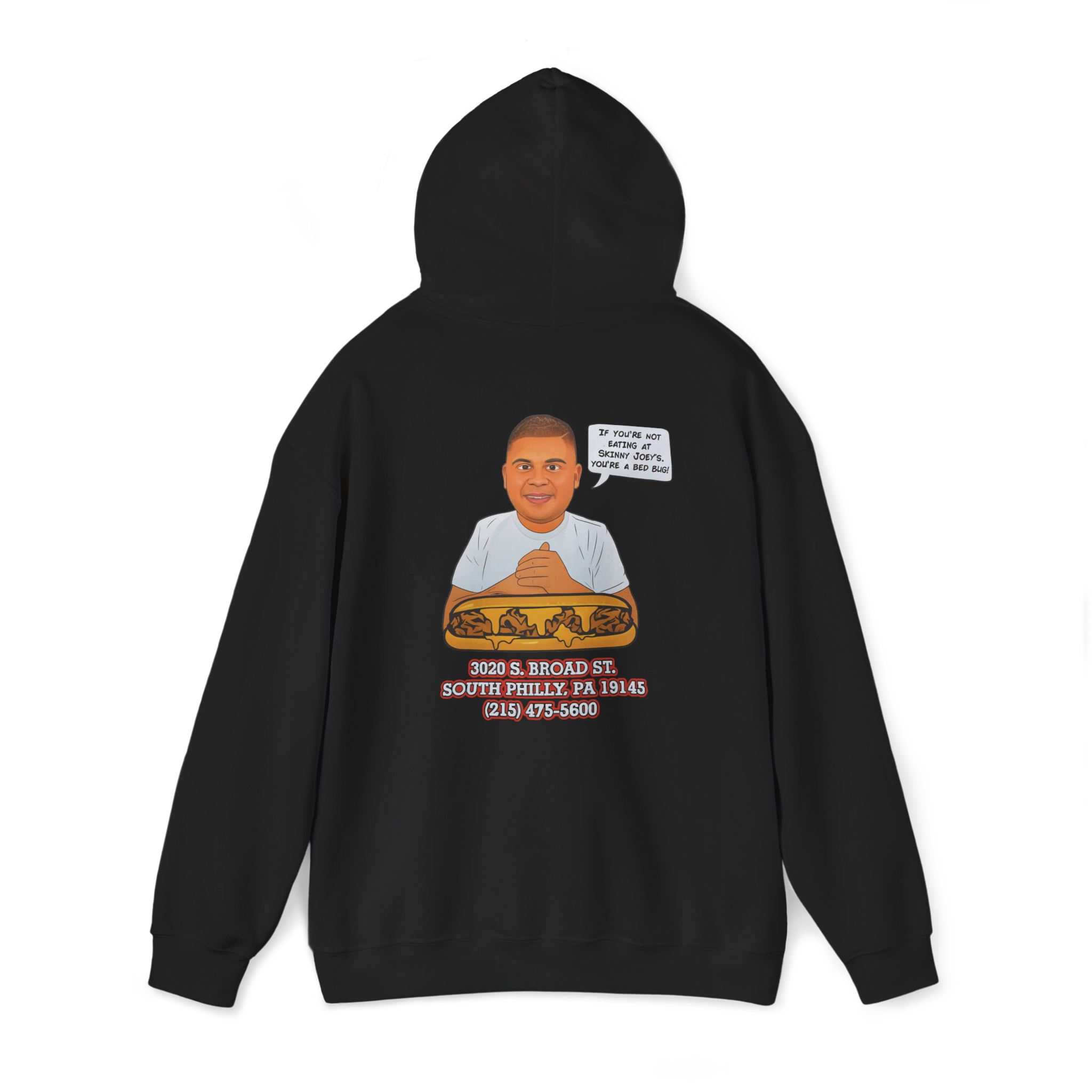 Black hoodie with a graphic design on the back featuring a person and text, on a white background.