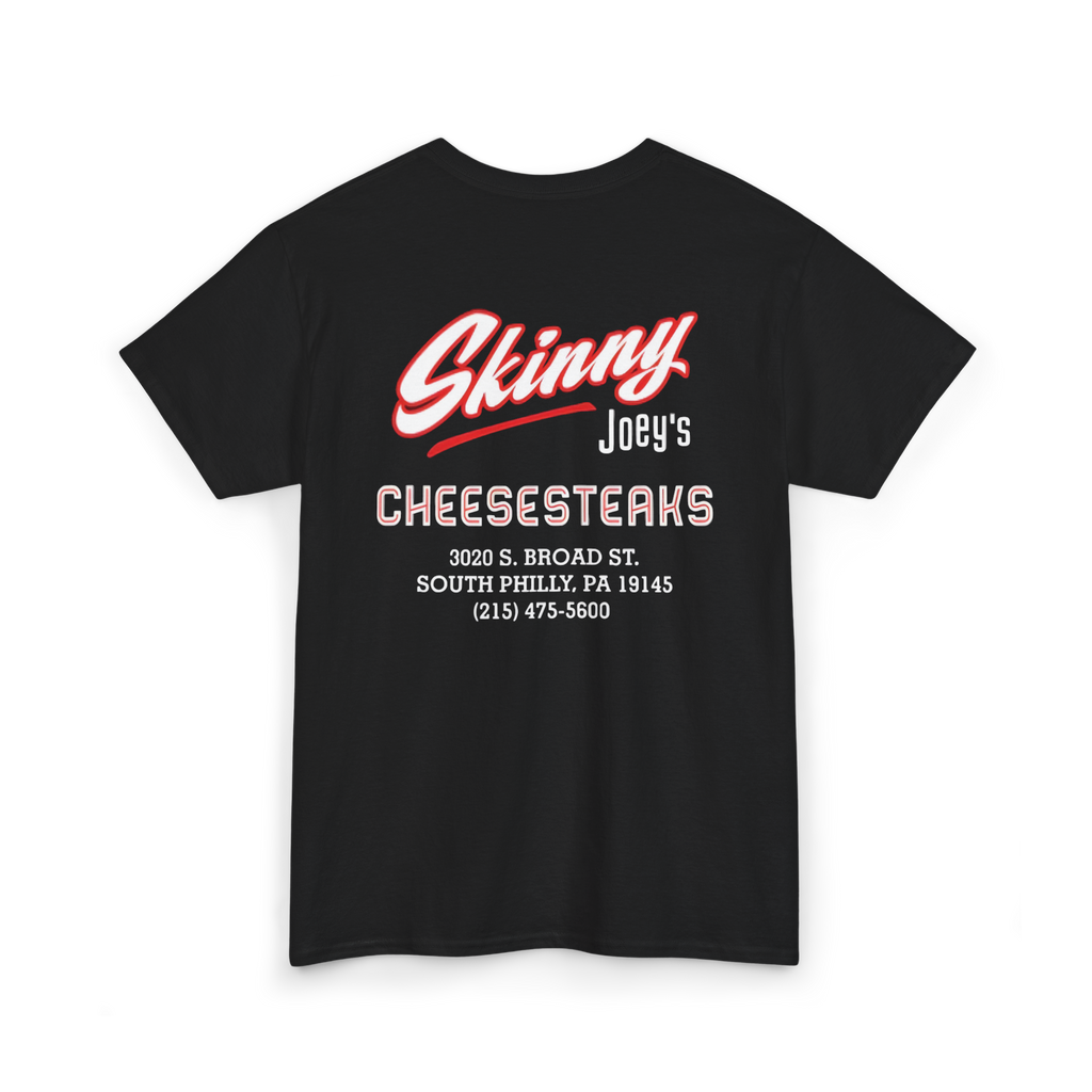 Black t-shirt with red and white text on a white background