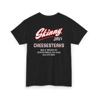 Black t-shirt with red and white text on a white background