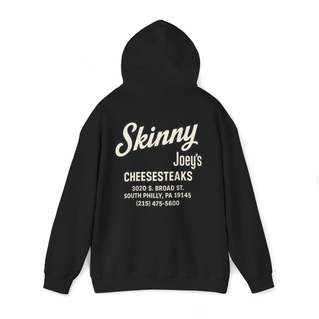 Black hoodie with 'Skinny Joey's Cheesesteaks' text on a white background