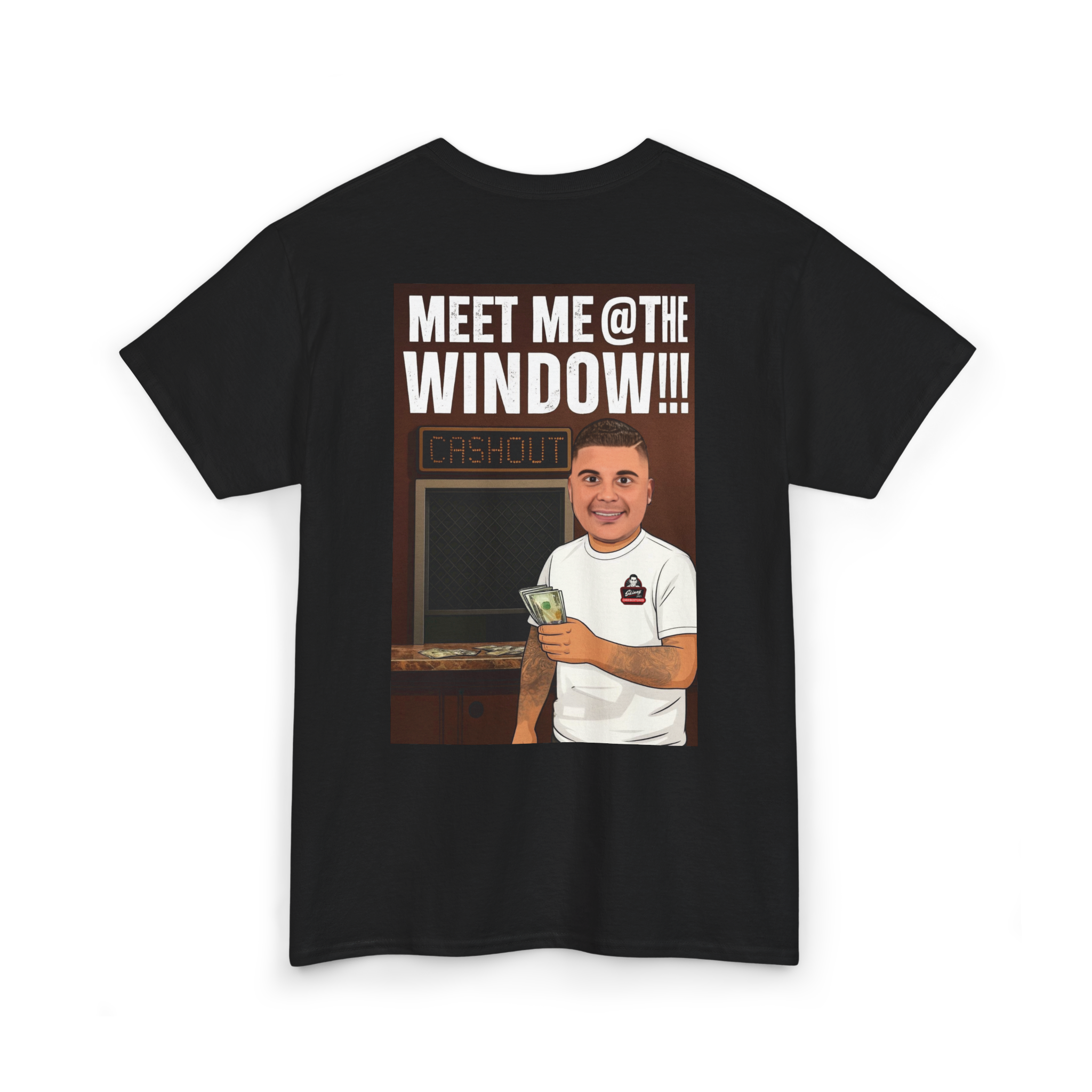 Black t-shirt with a graphic of a person holding money and text 'Meet Me @ The Window!!!' on a white background