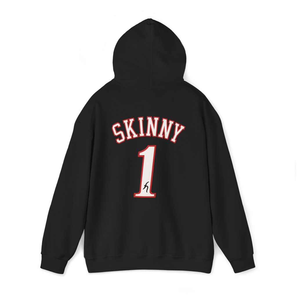 Black hoodie with 'SKINNY 1' text on the back against a white background