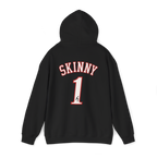 Black hoodie with 'SKINNY 1' text on the back against a white background