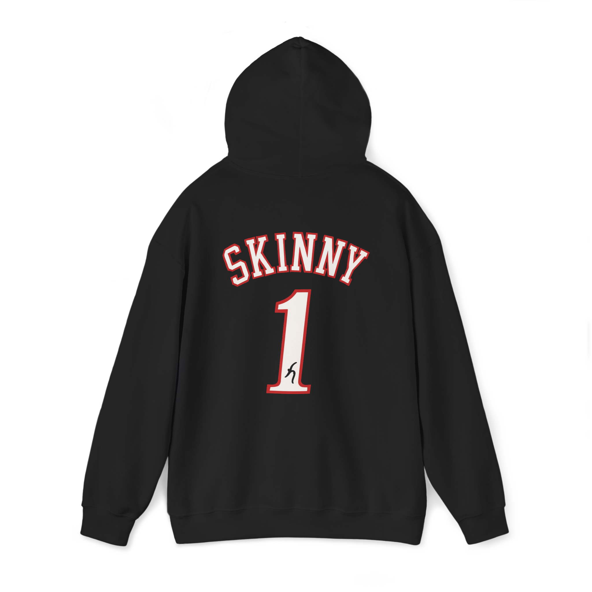Black hoodie with 'SKINNY 1' text on the back against a white background