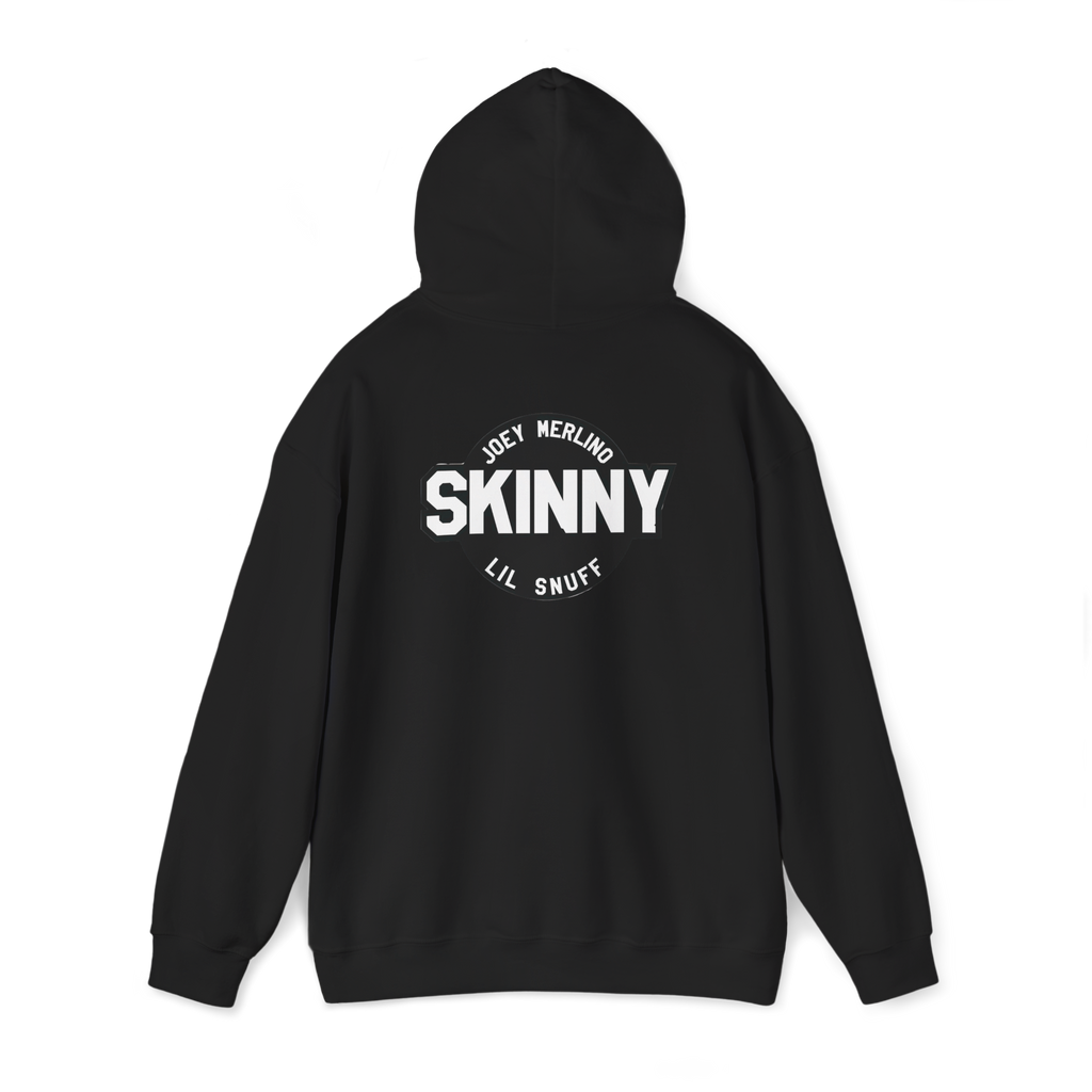 Black hoodie with 'SKINNY' text on the back against a white background