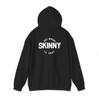 Black hoodie with 'SKINNY' text on the back against a white background