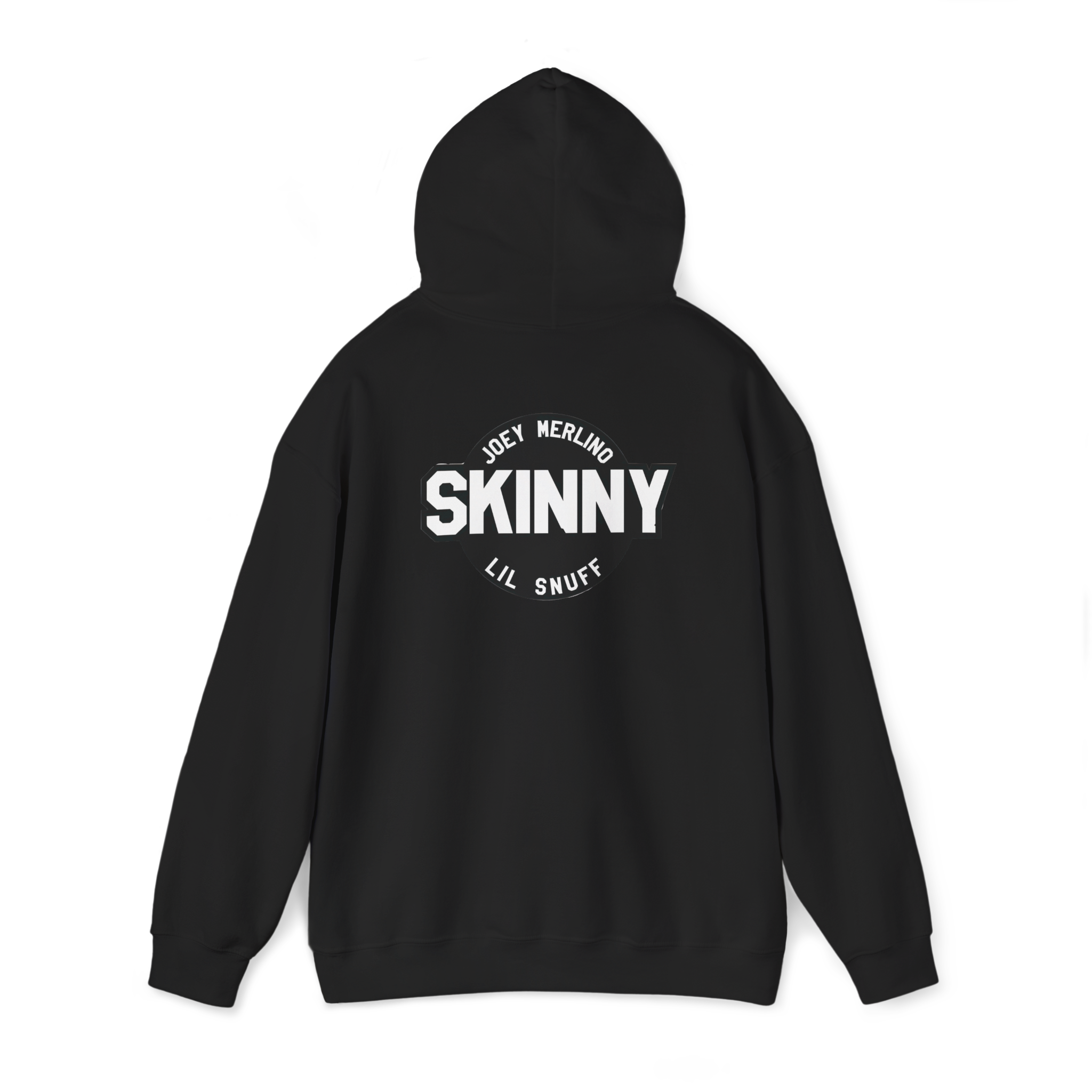 Black hoodie with 'SKINNY' text on the back against a white background