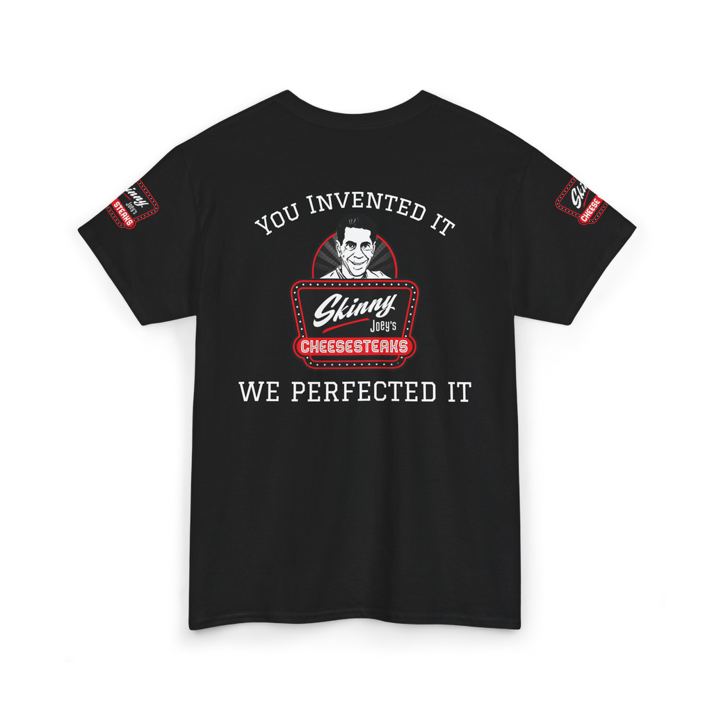 Black t-shirt with graphic design and text on a white background