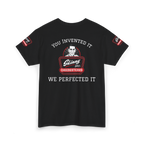 Black t-shirt with graphic design and text on a white background