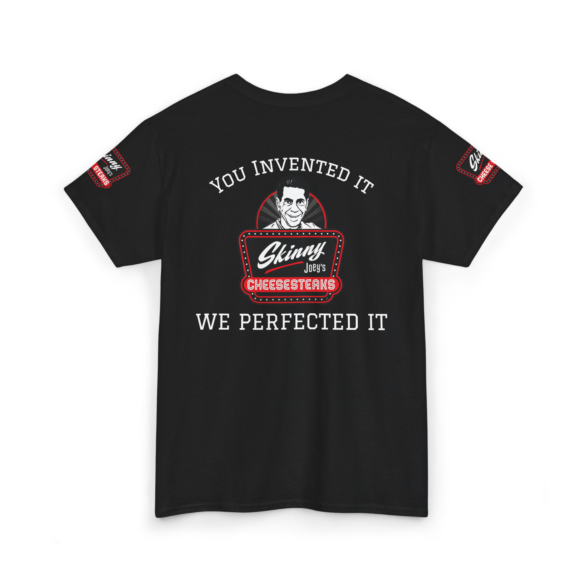 Black t-shirt with graphic design and text on a white background