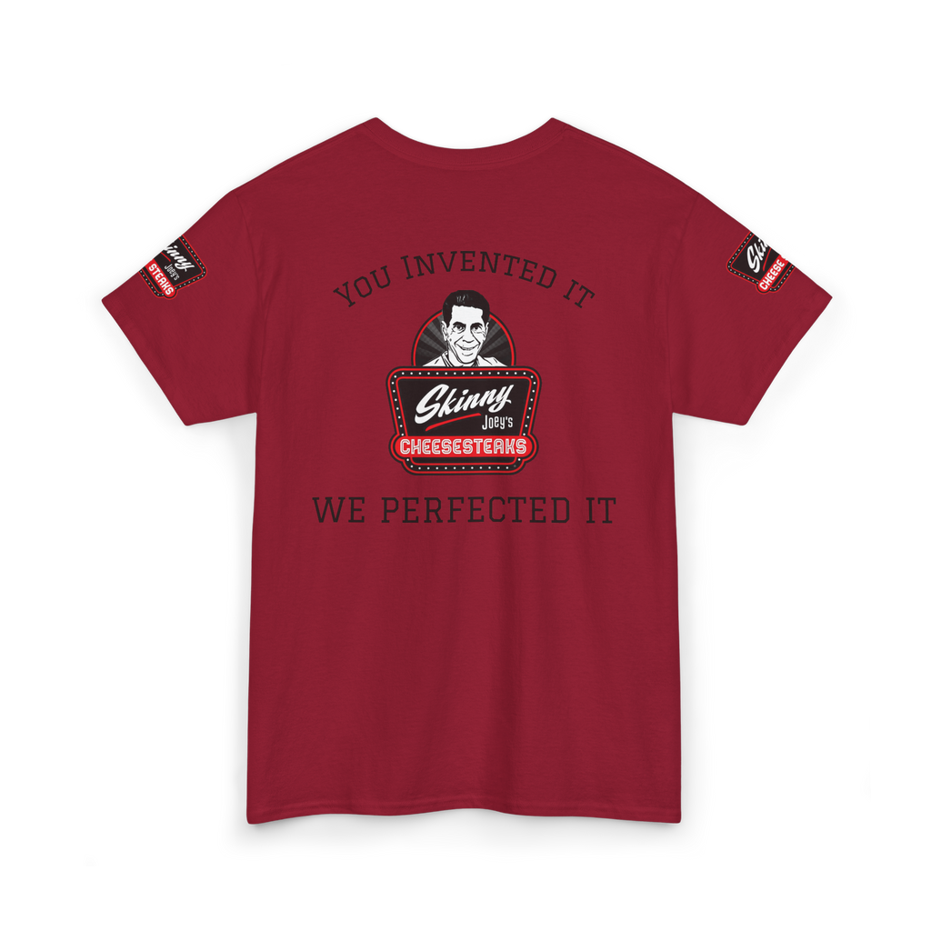 Red t-shirt with graphic design and text on a white background