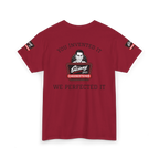 Red t-shirt with graphic design and text on a white background