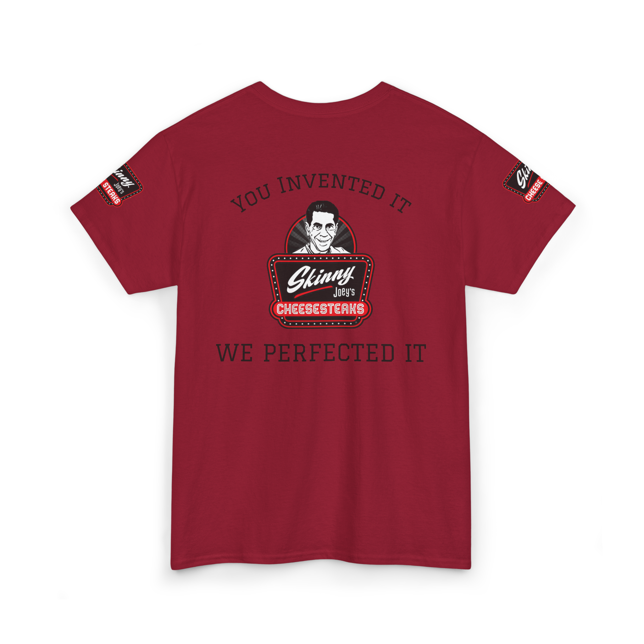 Red t-shirt with graphic design and text on a white background