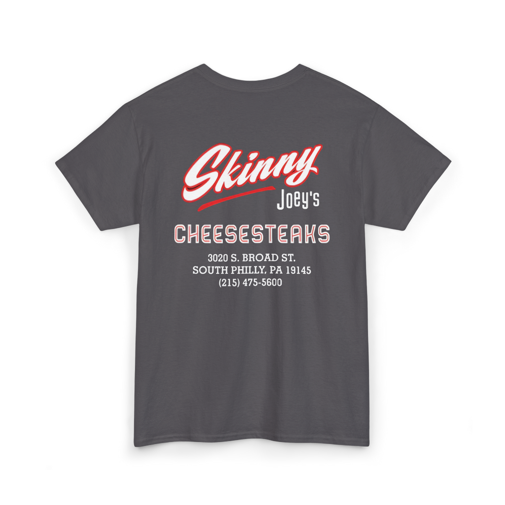 Gray t-shirt with red and white text on a white background