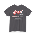 Gray t-shirt with red and white text on a white background