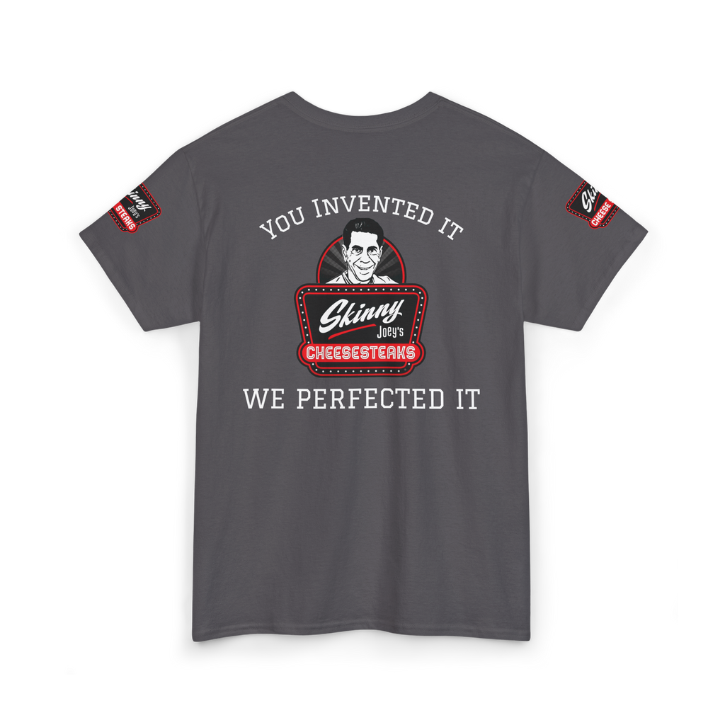 Gray t-shirt with a graphic design and text on a white background