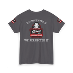 Gray t-shirt with a graphic design and text on a white background