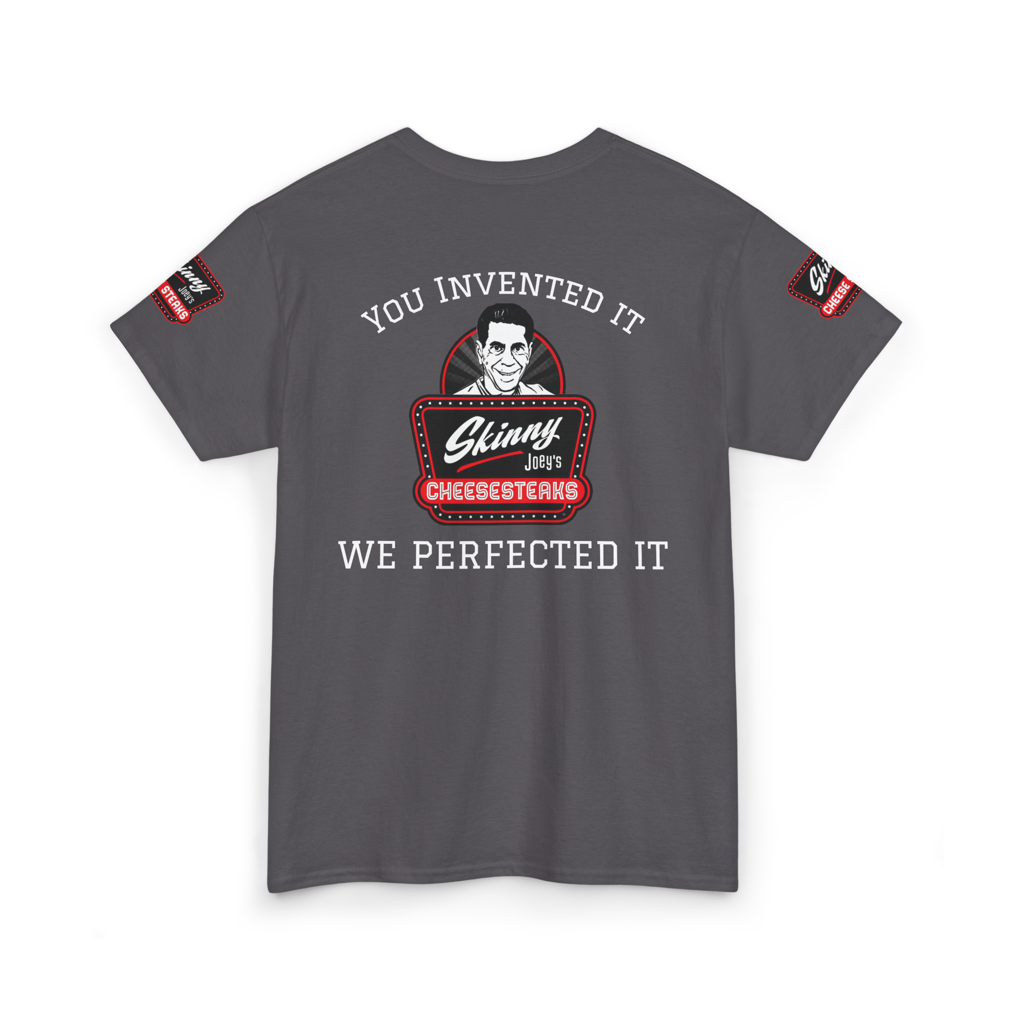 Gray t-shirt with a graphic design and text on a white background