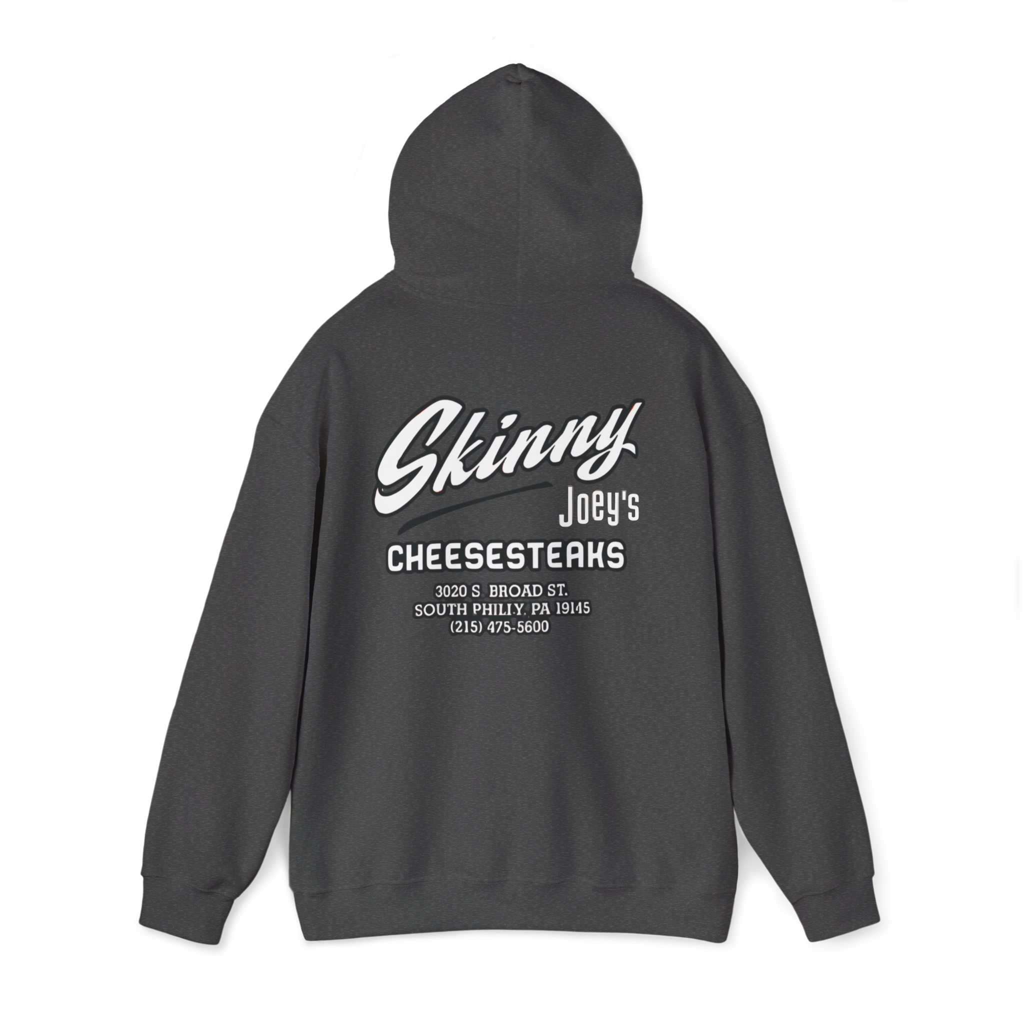 Black hoodie with 'Skinny Joey's Cheesesteaks' text on the back against a white background