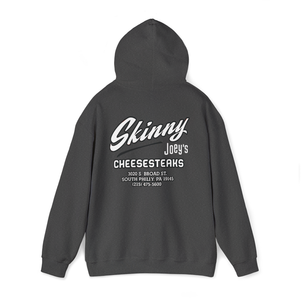 Black hoodie with 'Skinny Joey's Cheesesteaks' text on the back against a white background