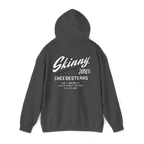 Black hoodie with 'Skinny Joey's Cheesesteaks' text on the back against a white background