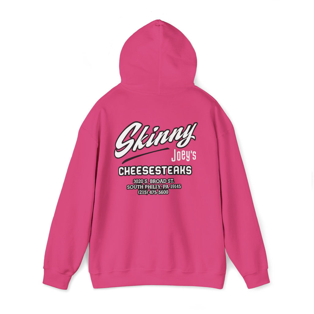 Pink hoodie with 'Skinny Joey's Cheesesteaks' text on the back against a white background