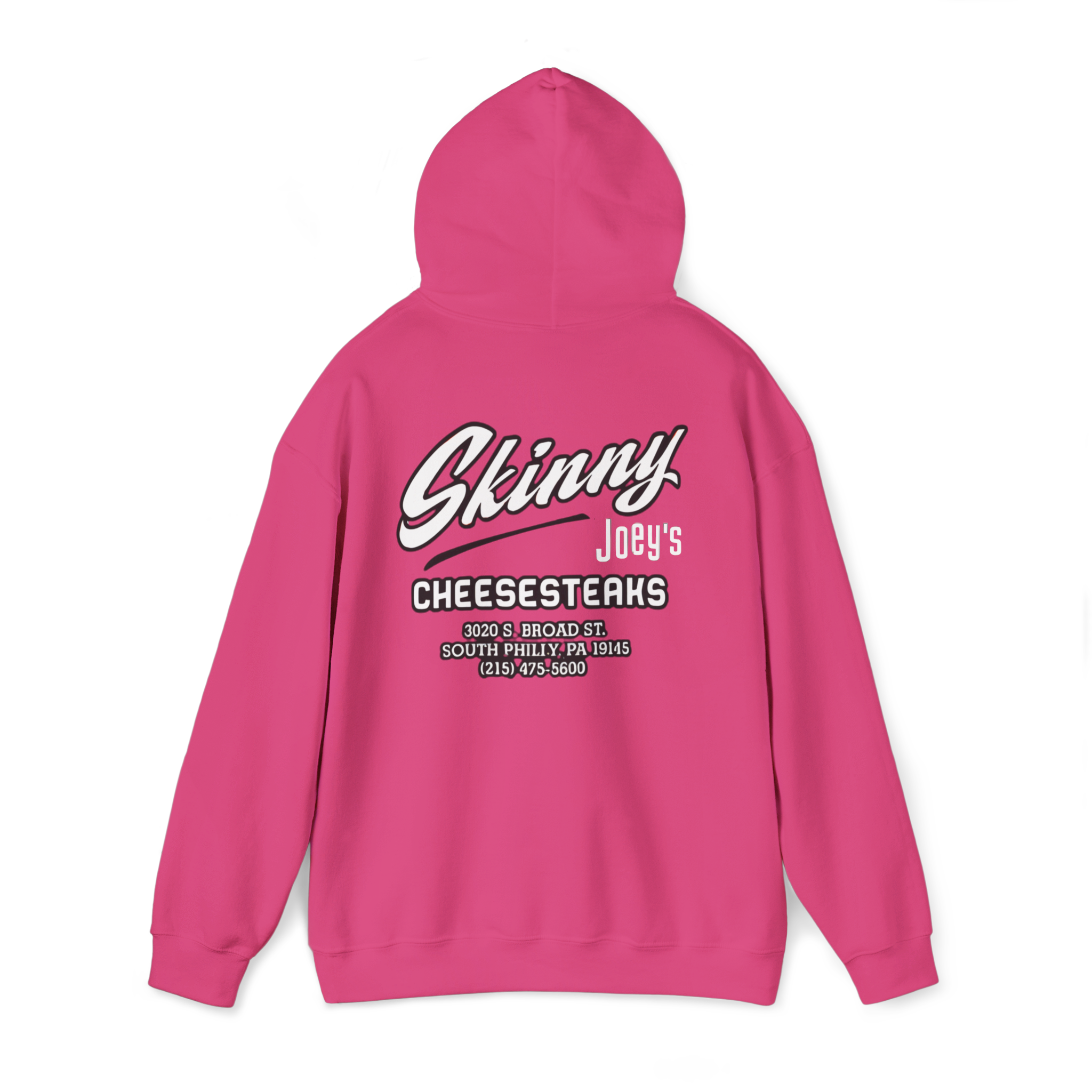 Pink hoodie with 'Skinny Joey's Cheesesteaks' text on the back against a white background