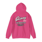 Pink hoodie with 'Skinny Joey's Cheesesteaks' text on the back against a white background