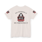 Beige t-shirt with graphic design and text on a white background