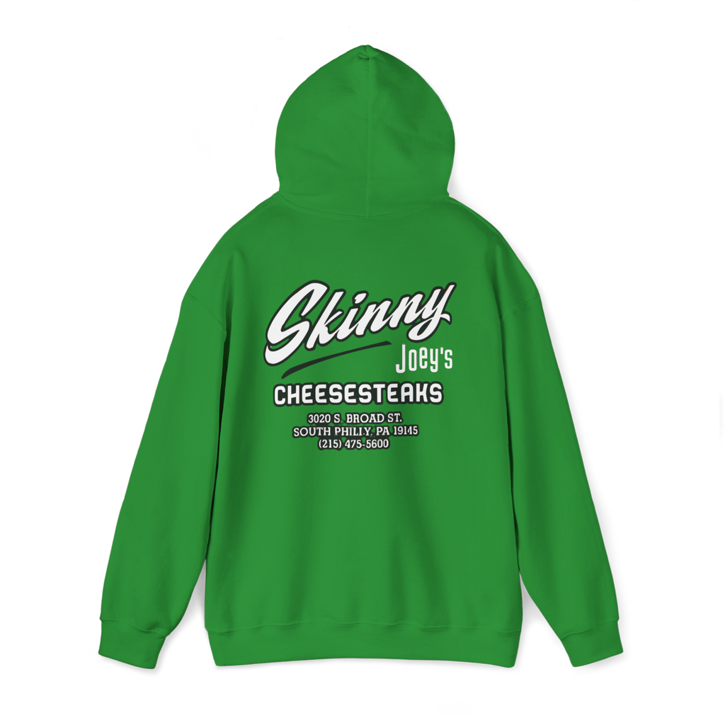 Green hoodie with 'Skinny Joey's Cheesesteaks' text on the back against a white background
