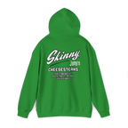 Green hoodie with 'Skinny Joey's Cheesesteaks' text on the back against a white background