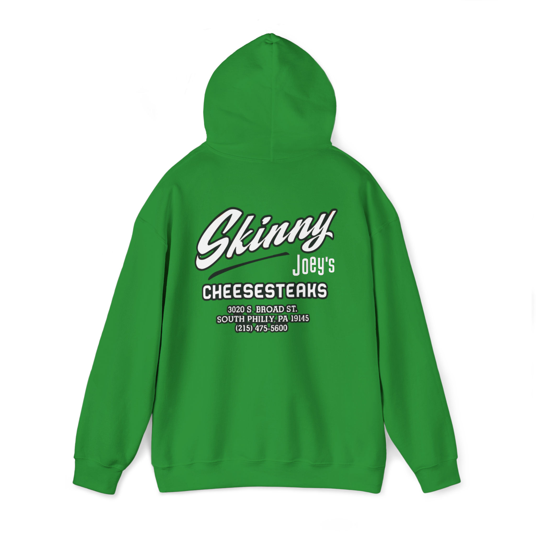 Green hoodie with 'Skinny Joey's Cheesesteaks' text on the back against a white background