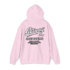 Pink hoodie with text on the back on a white background