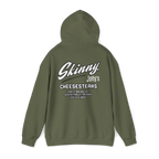 Green hoodie with 'Skinny Joey's Cheesesteaks' text on the back against a white background
