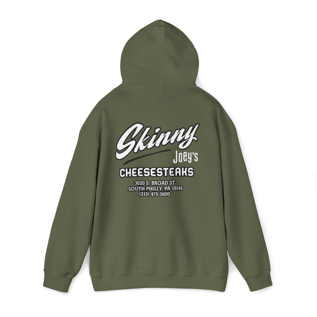 Green hoodie with 'Skinny Joey's Cheesesteaks' text on the back against a white background