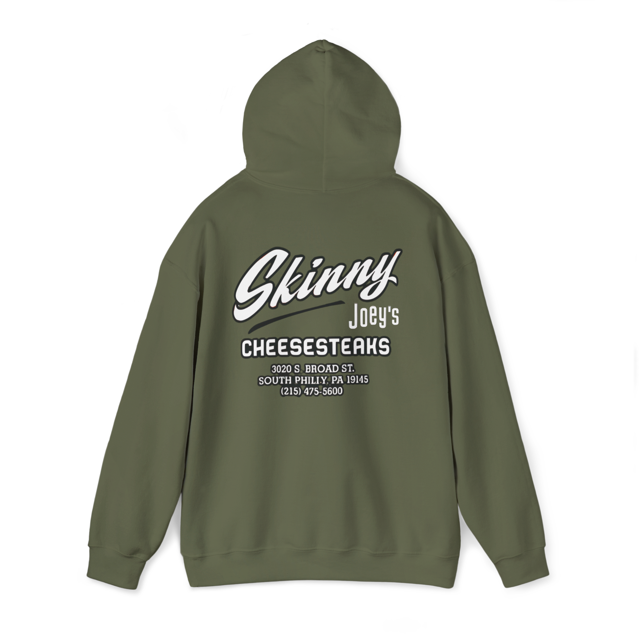 Green hoodie with 'Skinny Joey's Cheesesteaks' text on the back against a white background